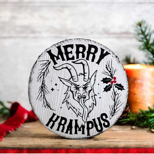 Creepmas Holzschild Farmhouse rund Merry Krampus
