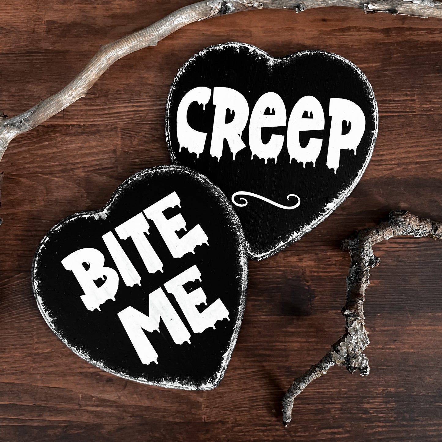 Holzschild Wanddeko Herz CREEP & BITE ME gothic