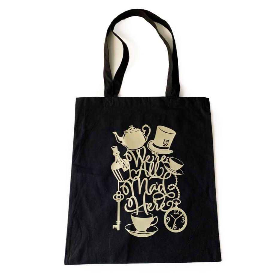 Stofftasche Alice im Wunderland Tasche Stoffbeutel schwarz gold
