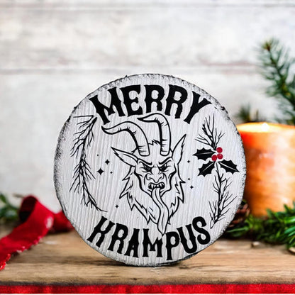 Creepmas Holzschild Farmhouse rund Merry Krampus