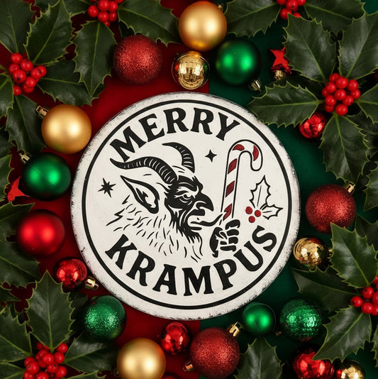 Merry Krampus – Rundes Holzschild für Creepmas