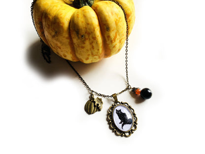 Halskette Kette Schmuck Halloween schwarze Katze Kürbis