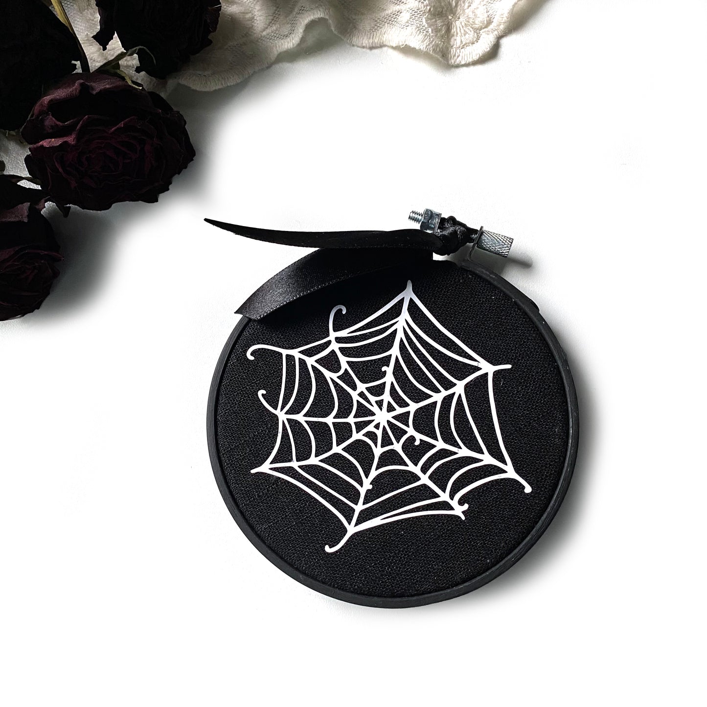 Mini Stickrahmen-Ornament 2er Set Wanddeko Spinnennetz schwarz